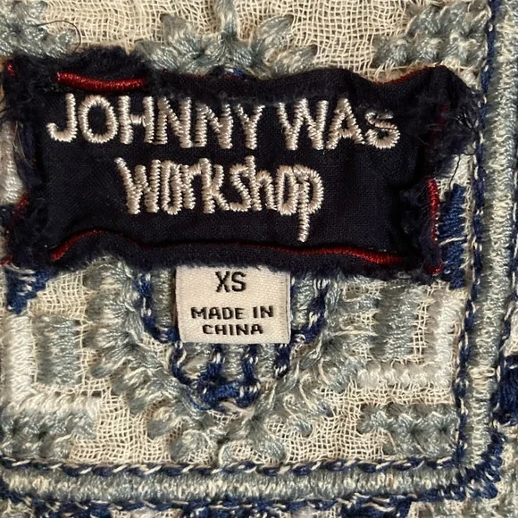 Johnny Was Simonee Flare Sleeve Blouse Plaid Geometric Embroidery Blue Size XS
